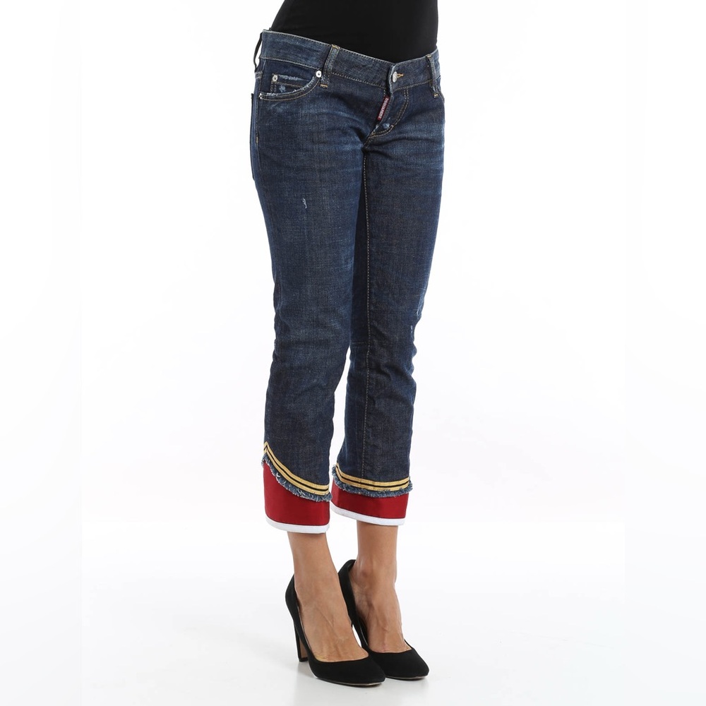 DSQUARED2 Dark Blue Cropped Jeans with Red Cuffs